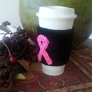 Crochet Coffee Sleeve Black with Pink Ribbon Breast Cancer Awareness N2