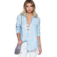 Bandage Shirt,Laimeng Women Feminine Fashion Brief Shirt Sexy Long Sleeve Bandage Shirt (M, Sky Blue) N3