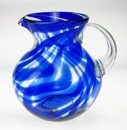 Mexican Glass Margarita or Juice Pitcher, Blue Swirl Design, Bola or Bowl Shape Design