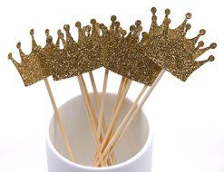PuTwo 10 Counts Gold Glitter Crown Cupcake Toppers Birthday Party Cake Toppers Birthday Cake Decorations N5