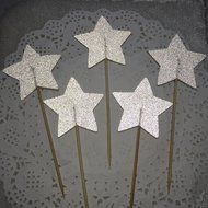 TooMeeCrafts 12 Large Star Topper Silver Glitter Star Wand Cake Topper Cupcake Topper Wedding Cupcake Toppers