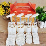 4 Sets Mid-Autumn Festival Party DIY Moon Cake Mold With 12pcs Mode Stamps(White) N4