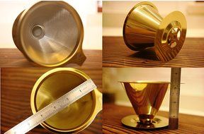 EXPERTO Titanium Coated Gold Pour Over Cone Dripper, Reusable Stainless Steel Coffee Filter with Cup Stand N3