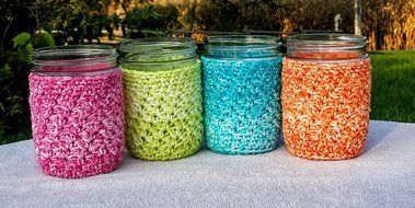 Hand Crocheted Pint Mason Jar Drinking Glass Cozies, tropical Florida colors, set of 4 N2