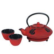 Red Cast Iron Tea Set- Teapot, Two Cups &amp; Trivet