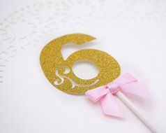 Gold Glitter Numbers 0-9 Cake Toppers with Pink Bows - for Birthday Parties Anniversaries - Party Decorations...
