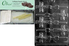 Cybrtrayd 45StK25G-R023 Cross Lolly Religious Chocolate Candy Mold with with 25 Lollipop Sticks, 25 Cello Bags...