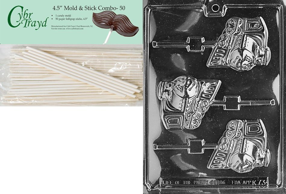 Cybrtrayd 45St50-K073 Happy Train Lolly Kids Chocolate Candy Mold with 50 Cybrtrayd 4.5-Inch Lollipop Sticks