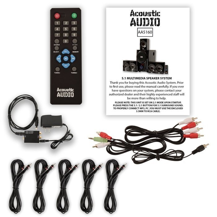 Acoustic Audio AA5160 Home 5.1 Speaker System with Optical Input FM Tuner and 5 Extension Cables N2