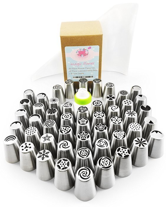 101 Pcs Russian Piping Tips Set &ndash; XL 304 Stainless Steel Piping Tips With 50 Nozzle Designs, 50 Disposable Pastry... N7