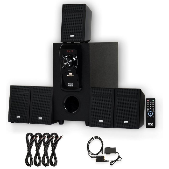 Acoustic Audio AA5150 Home 5.1 Speaker System with Optical Input FM Tuner and 4 Extension Cables N2