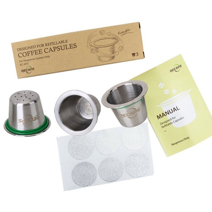 RECAPS Nespresso Stainless Steel Refillable Coffee Capsule (3 pods) + Aluminum Seals Sticker Lids (120pcs) Stainless... N4