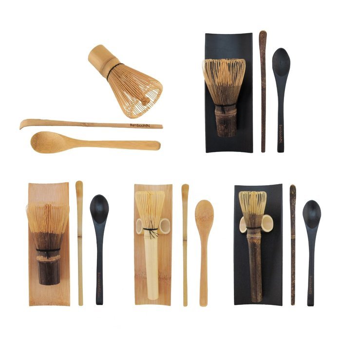 BambooMN Brand - 1 Set - Golden Chasen (Tea Whisk) + Chashaku (Hooked Bamboo Scoop) for preparing Matcha + Tea... N3