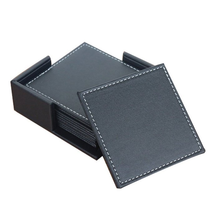 Square Lether Set of 6 Cup Coaster Mat with Coaster Holder Black/Brown (Black)