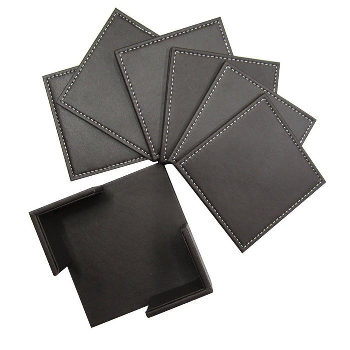 Square Lether Set of 6 Cup Coaster Mat with Coaster Holder Black/Brown (Black) N2