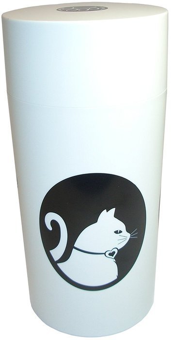 Pawvac 24 Ounce Vacuum Sealed Pet Food Storage Container; White Cap & Body/Black Cat