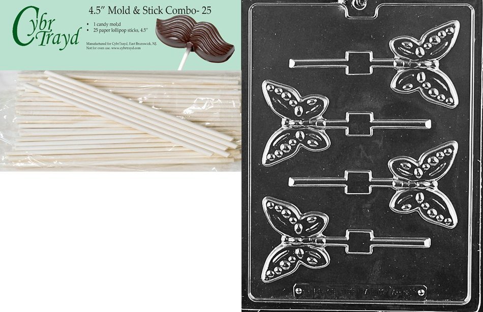 Cybrtrayd 45St25-A134 Butterfly Lolly Animal Chocolate Candy Mold with 25 4.5-Inch Lollipop Sticks