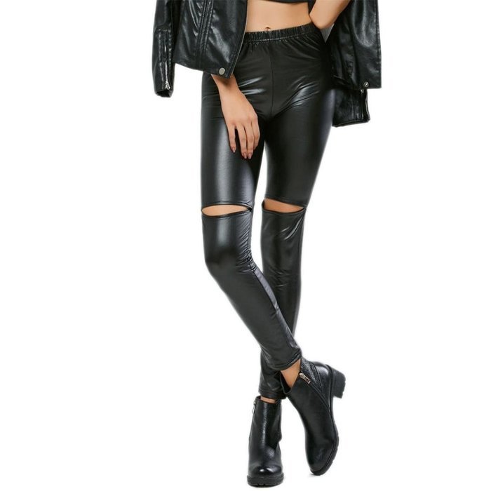 PHOTNO Black Women Stretchy PU Leather Trousers Skinny High Waist Leggings Pencil Pants N8
