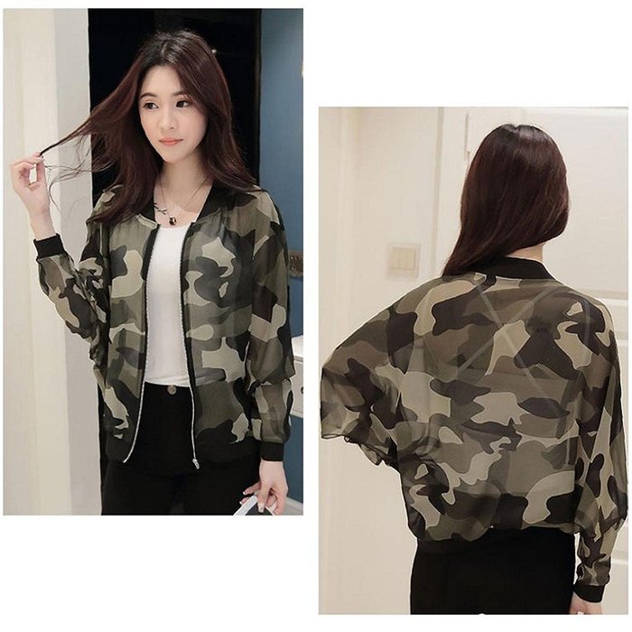 Morecome Women Stand Collar Long Sleeve Zipper Camouflage Printed Jacket N3