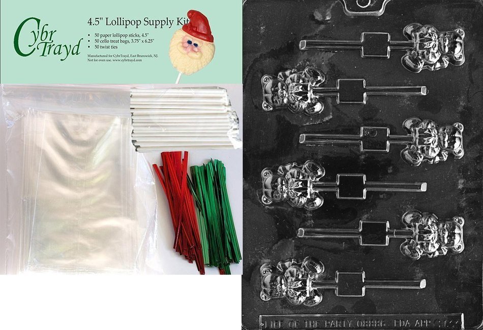 Cybrtrayd 45stK50C-C133 Bear with Present Pop Christmas Chocolate Mold with Lollipop Kit, Small, Includes 50 Lollipop...