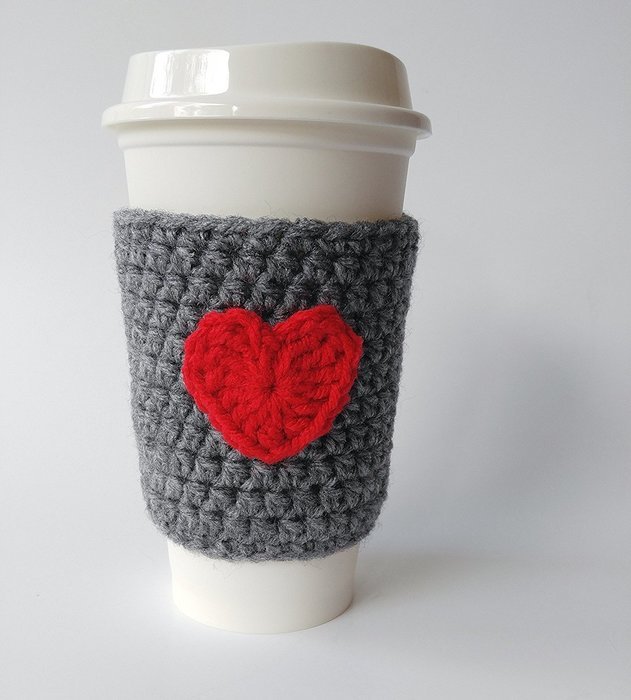 Coffee Sleeve, Coffee Cozy Grey with Red Heart Applique