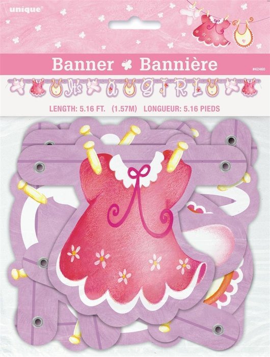 Cardboard Pink Clothesline Girl Baby Shower Cake Bunting Topper N8
