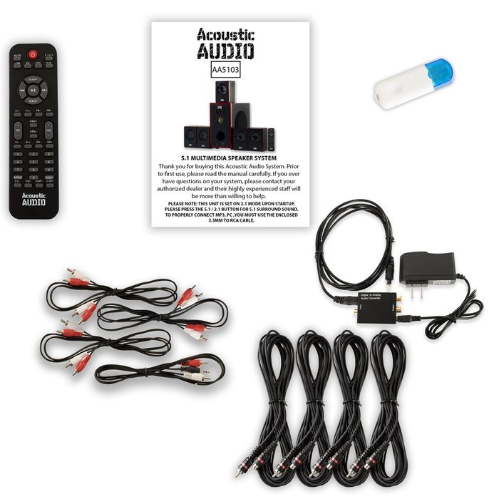 Acoustic Audio AA5103 Home 5.1 Speaker System with USB Bluetooth Optical Input and 4 Ext. Cables N2