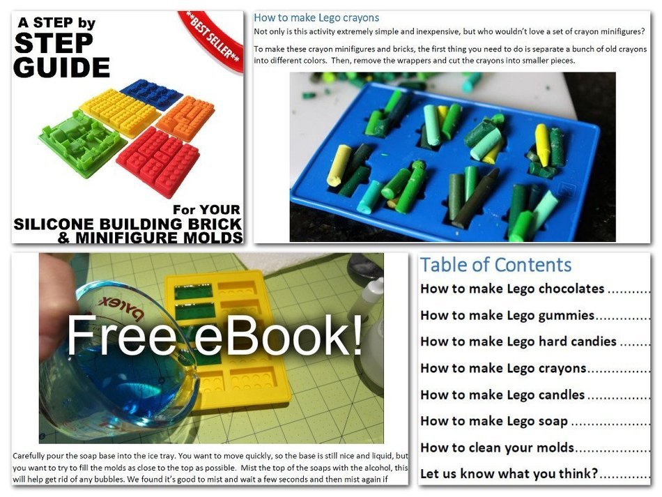 5 Lego Candy Molds / Ice Cube Silicone Trays + Bonus Recipe Guide eBook For Chocolate, Gummies & More N6