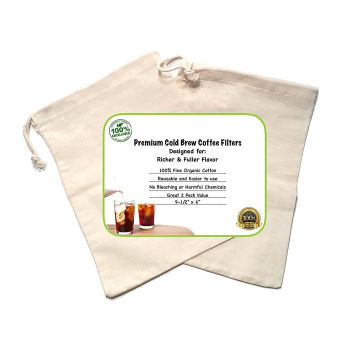 Cold Brew Coffee Maker Filter Premium Organic Cotton Nut Milk Bag Reusable 9.5" x 6" - 2 Pack N2
