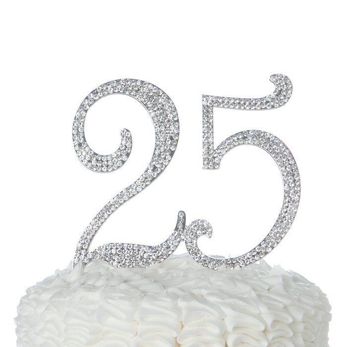 25 Cake Topper for 25th Birthday or Anniversary, Crystal Rhinestone Party Decoration Supplies (Silver) N10