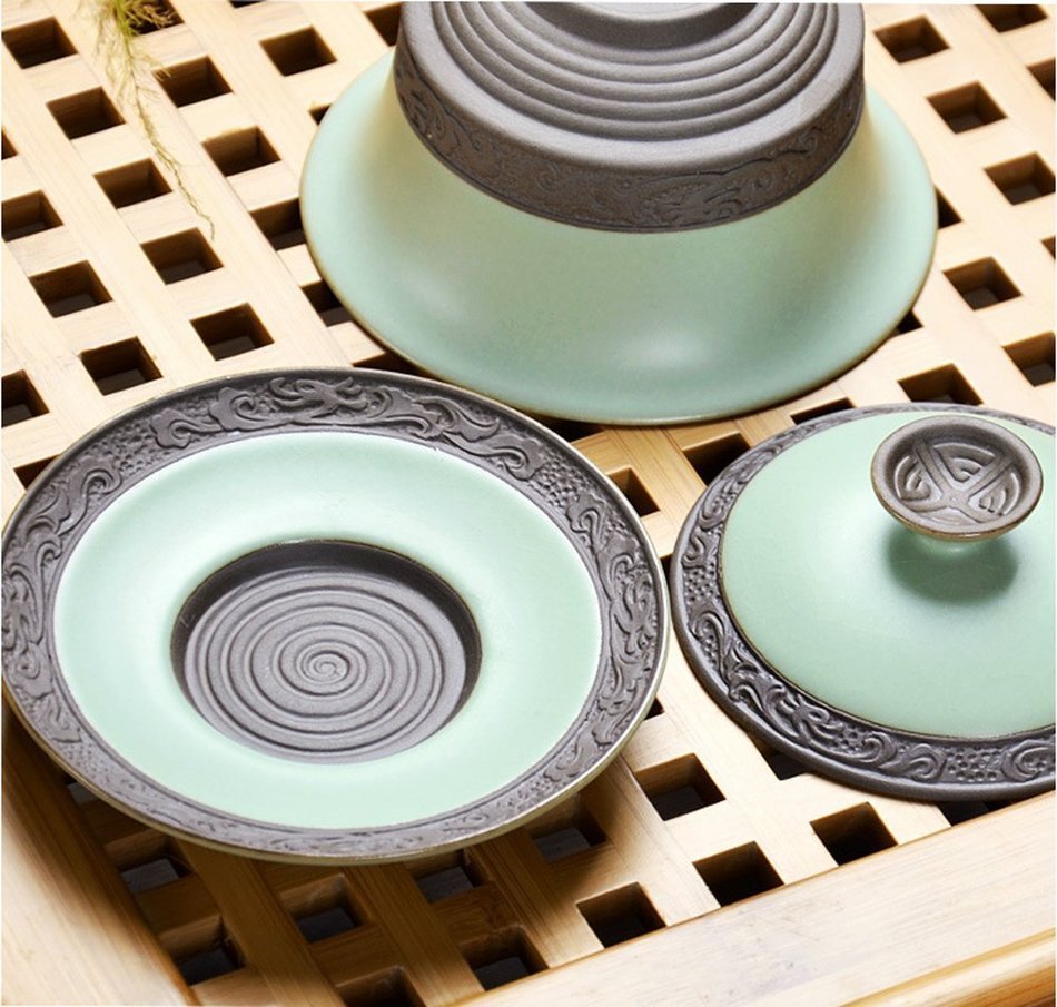 Chinese Porcelain Celadon Ru Kiln Tea Cup Green Color Gaiwan Lidded Bowl (1) N4