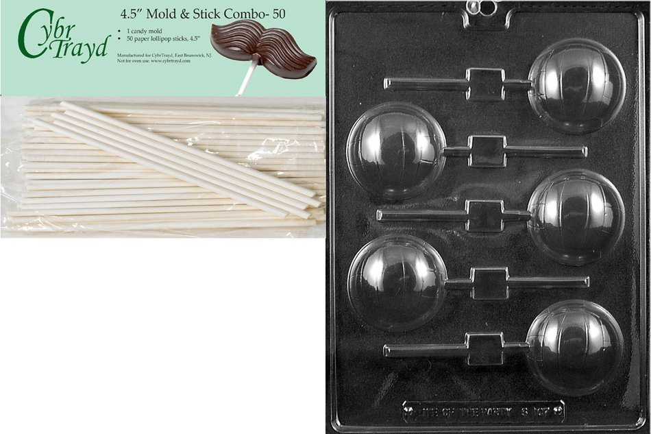 Cybrtrayd 45St50-S107 Volleyball Lolly Sports Chocolate Candy Mold with 50-Pack 4.5-Inch Lollipop Sticks