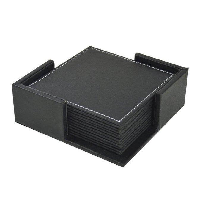 Square Lether Set of 6 Cup Coaster Mat with Coaster Holder Black/Brown (Black) N3