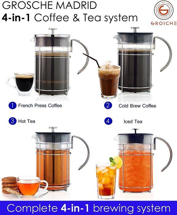 GROSCHE Madrid French Press Coffee Maker, Tea Press & Coffee Press 8 cup 34 oz 1L with German Glass N26