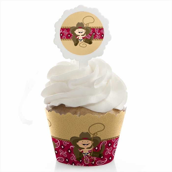 Little Cowboy - Western Cupcake Wrapper & Pick Party Kit - Set of 24