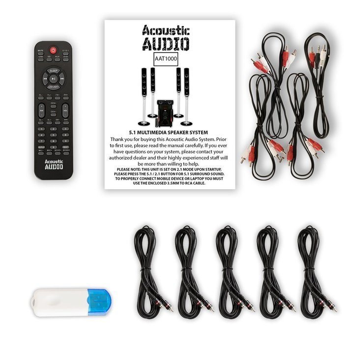 Acoustic Audio AAT1000 Tower 5.1 Speaker System with USB Bluetooth and 5 Extension Cables