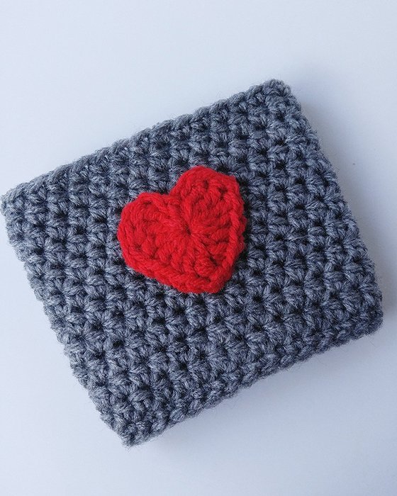 Coffee Sleeve, Coffee Cozy Grey with Red Heart Applique N2