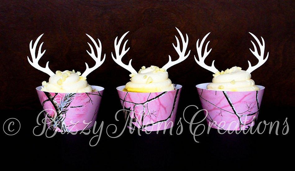 Set of 12 - White Glitter Deer Antler Cupcake Toppers & Real Tree Pink Camo Warppers - Birthday Cupcake Toppers...
