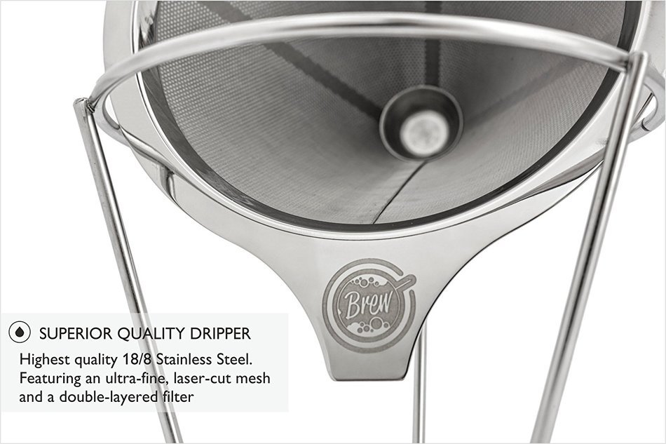 Pour Over Coffee Filter - BREW Permanent Reusable Stainless Steel 18/8 (304) double mesh Cone Coffee Dripper -... N9