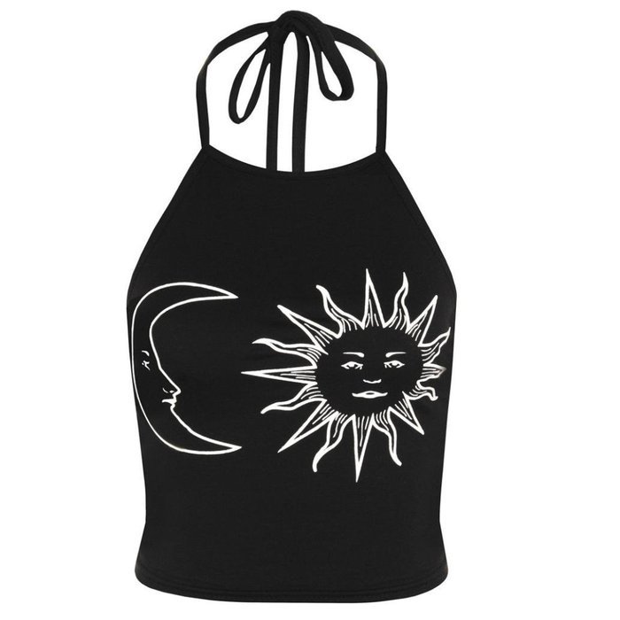Vest Top ，Beautyvan Comfortable Fashion Women's Sleeveless Sun Moon Print Halter Neck Tied Crop Vest Top (M, Grey) N4