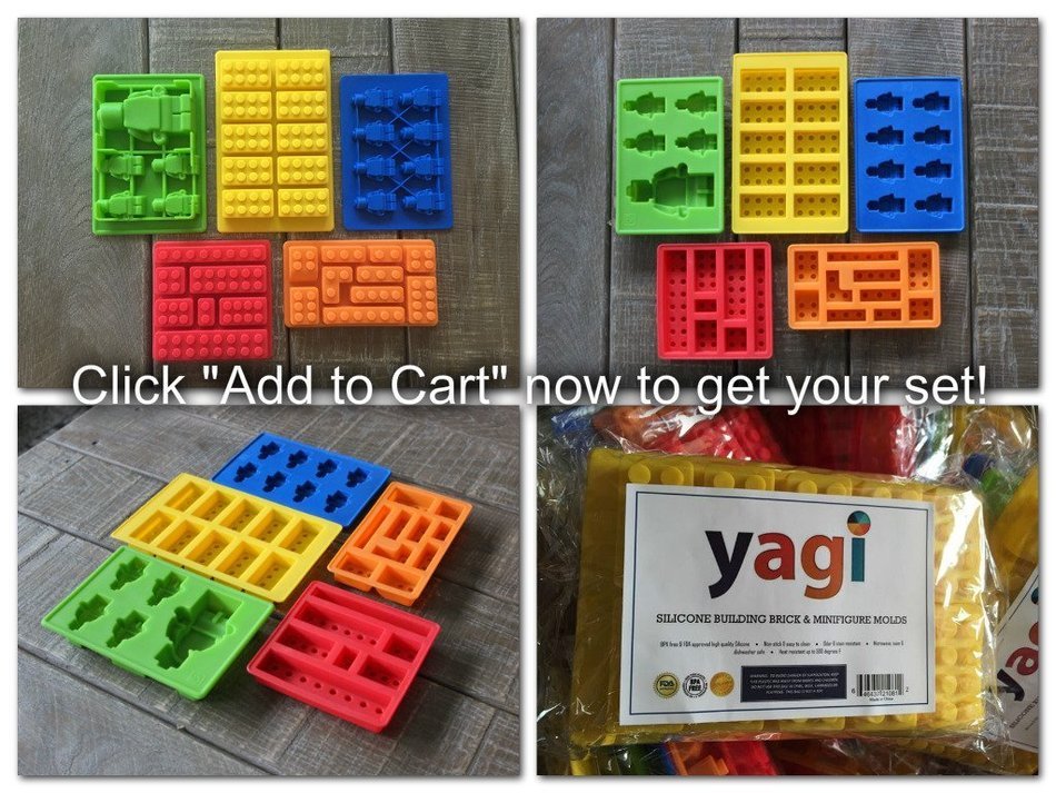 5 Lego Candy Molds / Ice Cube Silicone Trays + Bonus Recipe Guide eBook For Chocolate, Gummies & More N8