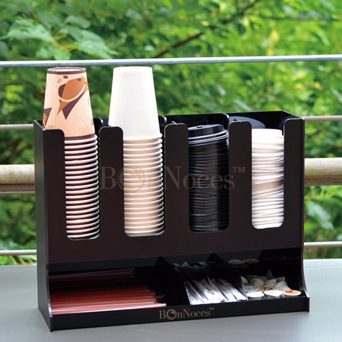 BonNoces Black Acrylic Coffee Condiment Organizer Cups Holder Dispenser for Lids and Cups with Same Size Four... N5