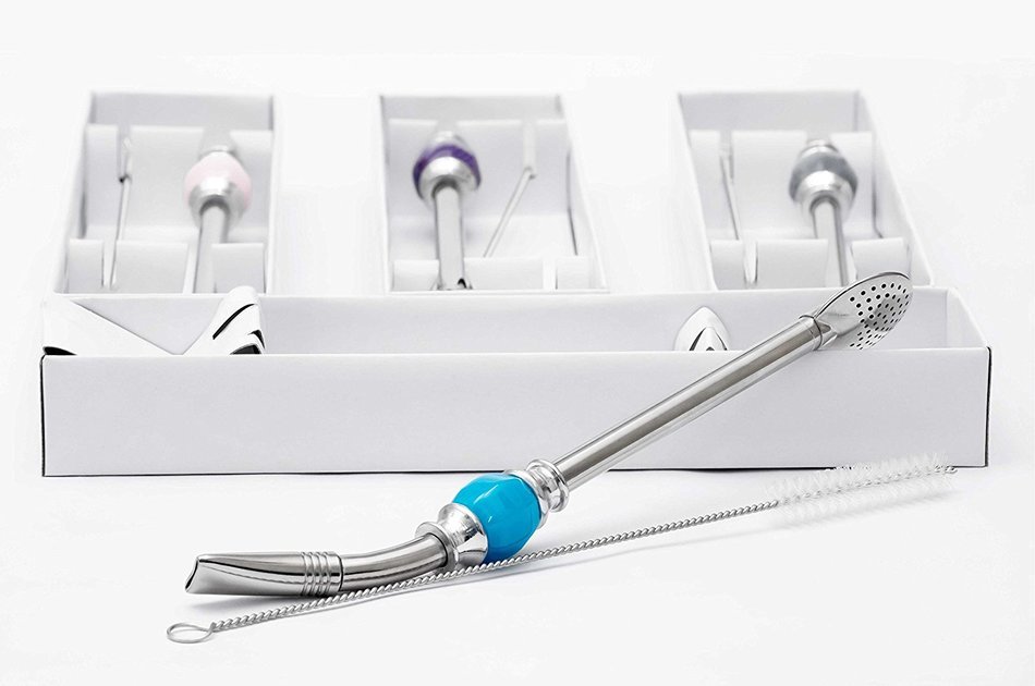 PremiumDesign Bombilla Straws, Great for Yerba Mate, Loose Tea, Ground Coffee. 21cm Long, Silver (Sky Blue) N7
