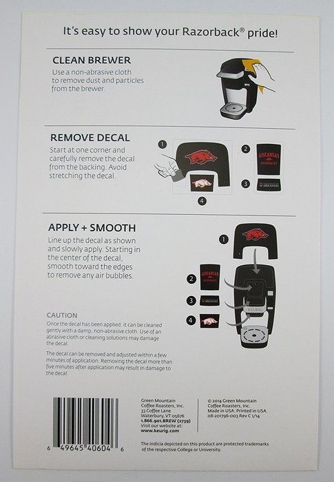 University of Arkansas Decal Kit for the Keurig K10 Mini Plus Brewer