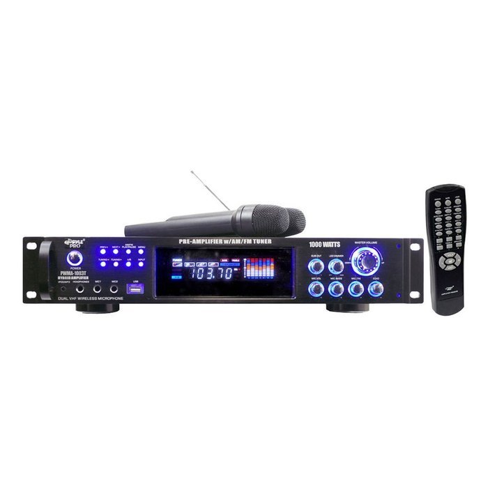 Pyle 1000 Watts Hybrid Pre-Amplifier with AM-FM Tuner/USB/Dual Wireless Mic