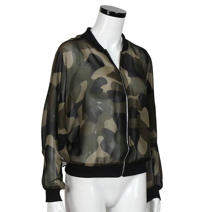 Morecome Women Stand Collar Long Sleeve Zipper Camouflage Printed Jacket N6