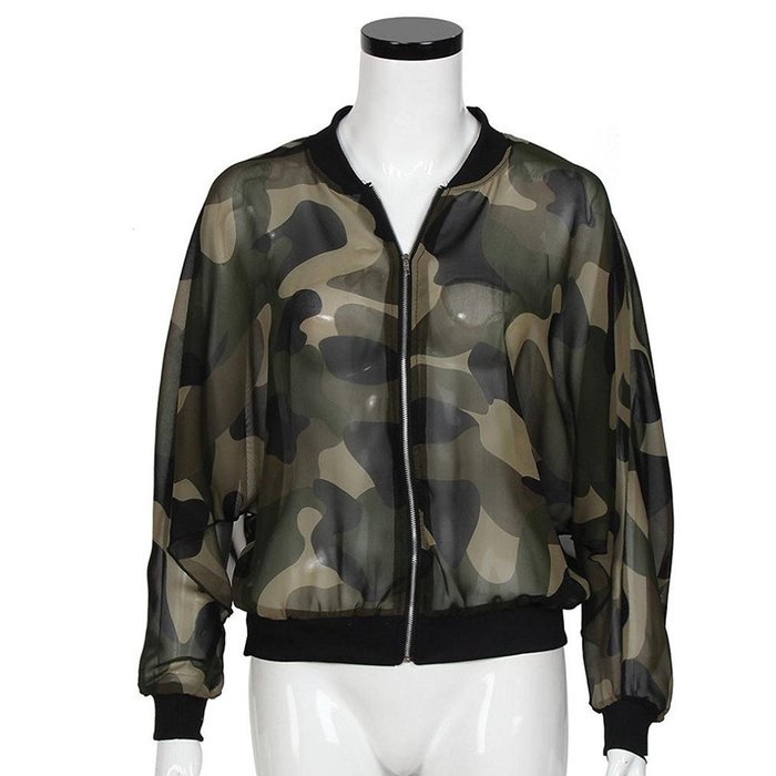 Morecome Women Stand Collar Long Sleeve Zipper Camouflage Printed Jacket N7