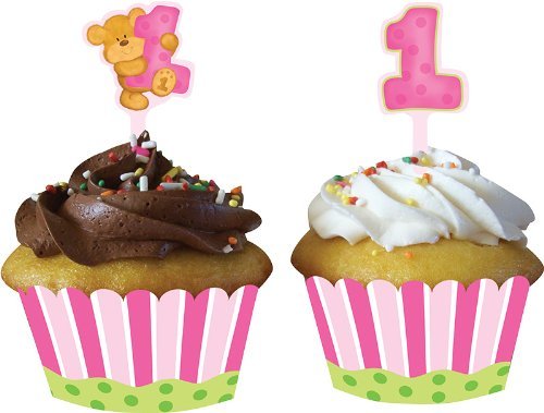 Creative Converting Bears First Birthday Cupcake Wrappers with Picks, Pink