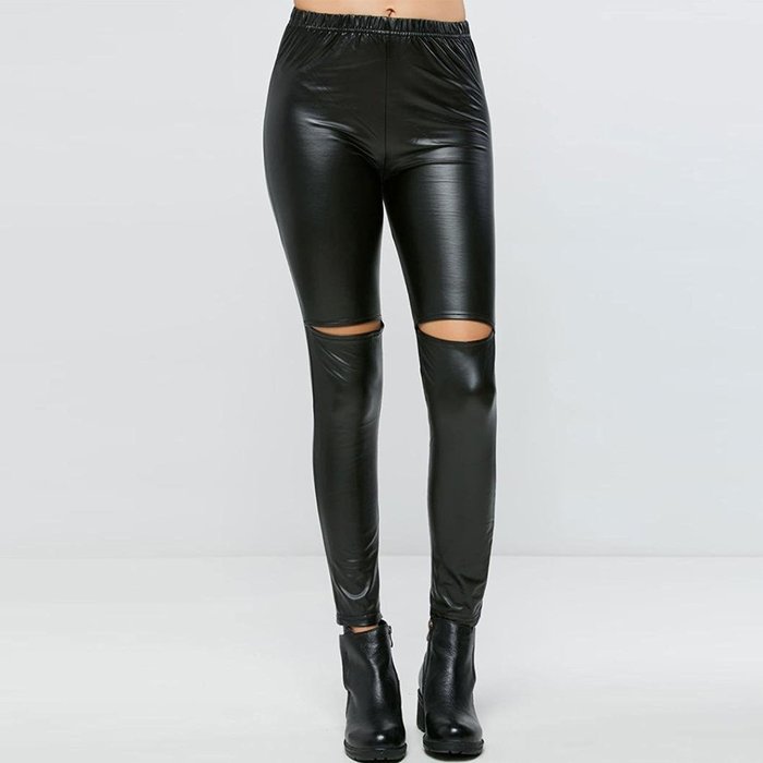 PHOTNO Black Women Stretchy PU Leather Trousers Skinny High Waist ...