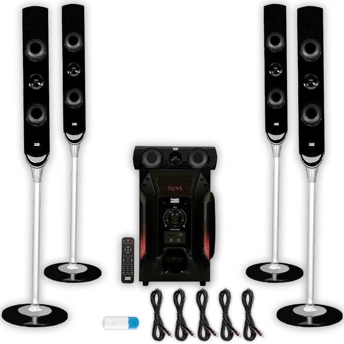 Acoustic Audio AAT1000 Tower 5.1 Speaker System with USB Bluetooth and 5 Extension Cables N2